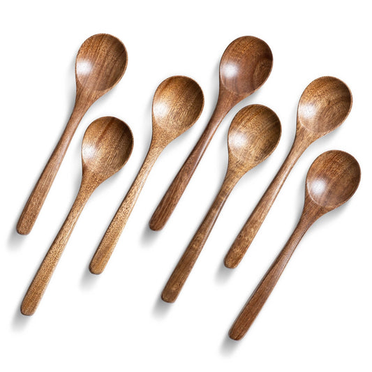 Hefild 7 PCS Wooden Spoons for Eating, 7 inch Wooden Honey Spoons for Tea, Wood Teaspoons for Stirring Coffee, Acacia Wood Table Spoon for Cooking, Small Serving Spoon for Soup, Desserts & Cereal