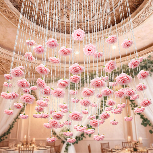 FYSUIMU 24Pcs 31.5 Inch Wedding Pink Artificial Rose Vine Garland Faux Flower Crystal Bead Hanging Garland for Valentine Birthday Wedding Party Decoration DIY Crafts Supplies