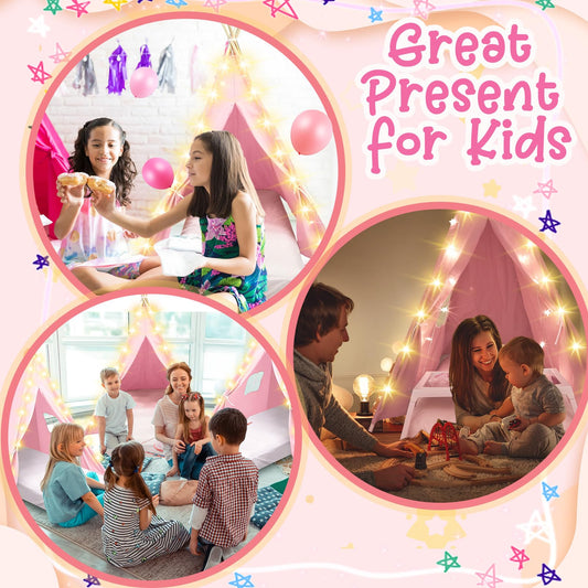 Lemosae 6 Pack Sleepovers Teepee Tent for Kids Bulk with Mattress Sheet Light,Natural Cotton Washable Indoor Play Tent for Birthday Slumber Party Girls Boys Pajama Movie Night Supplies(Light Pink)