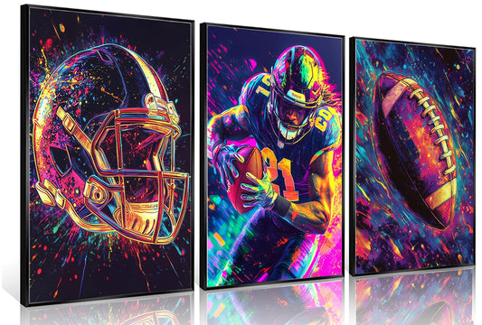 3Pcs Football Canvas Wall Art Graffiti Rugby Gaming Cool Sports Theme Wall Decor Pictures Colorful American Football Player Posters Prints for Kids Boys Room Teen Bedroom Decoration 12x16in
