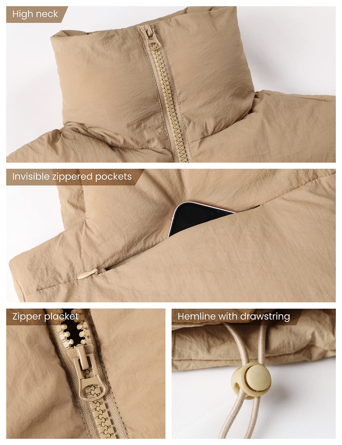 UANEO Cropped Puffer Vest Women Zip Up Stand Collar Sleeveless Padded Crop Puffy Vests (Khaki-S)