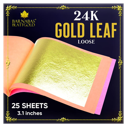 Barnabas Blattgold Gold Leaf -24K Real Gold [25 Sheets, 3.1 inches] - Loose Sheet for Painting, Arts and Crafts