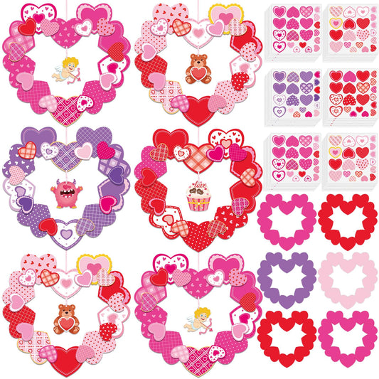 Lonfliness 24 Sets Valentines Wreath Craft for Kids DlY Hanging Decor Valentine's Day Heart Paper Wreath Craft Ornament with Heart Stickers Valentines Party Supplies for School Classroom Activities