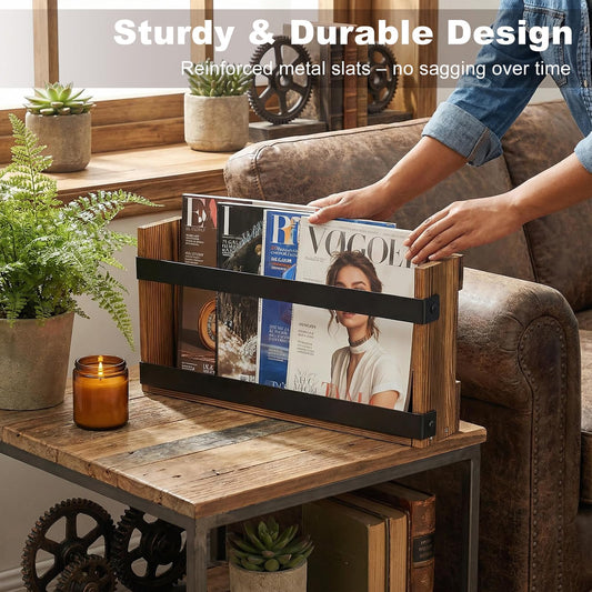 Dojomadf Wood Magazine Rack Wall Mounted & Wall Magazine Rack, Pine Wood Black Metal Wall Magazine Holder for Magazines, Books, Mountable or Freestanding Organizer