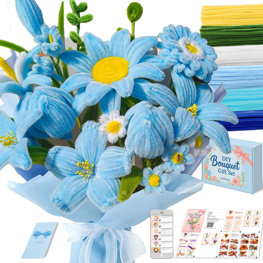 NREDXOON Pipe Cleaner Flower Kit - 400PCS DIY Blue Daisy Bouquet Crafts - 8mm Fluffier Chenille Stems with Video - Elegant Table Centerpiece for Baby Boy Shower, Aesthetic Room Decor & Party Favors