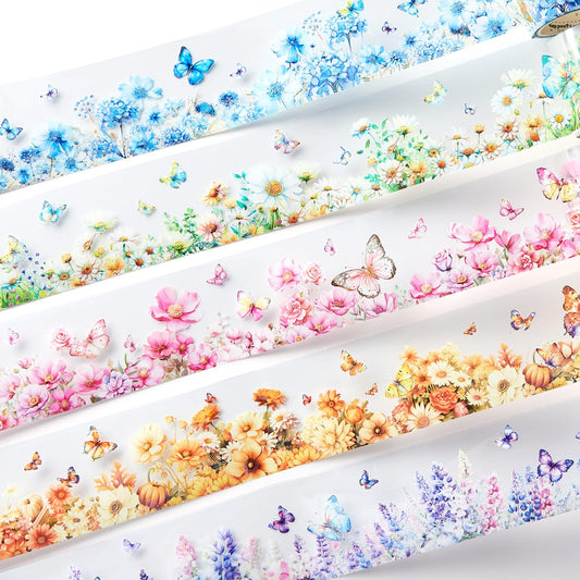 Gilprop 5 Rolls Floral Washi PET Tape Set Flower Butterfly Scrapbook Junk Journal Supplies, Clear Decorative Tape Stickers DIY for Arts Crafts Bullet Planner, 50mm Wide x 78. 74 Inch Long/roll