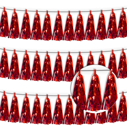3P Red Tassel Banner Garland Metallic Foil Fringe Banner Tinsel Tassels Streamer Banner Backdrop for Parade Floats, 2025 Graduation Decorations, Wedding Party Decoration