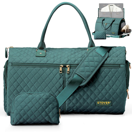 STOVER Women’s Convertible Garment Duffel Bag for Travel – 2-in-1 Carry-On Weekender/Overnight Tote - Wrinkle-Free Dresses, Suits & Clothes + Shoe Compartment & Bonus Toiletry Bag (Emerald Green)