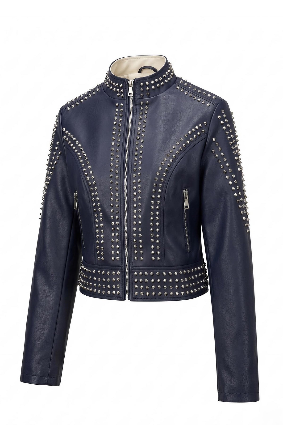 Bellivera Women's Faux Leather Moto Studded Rivet Casual Jacket D.Blue L