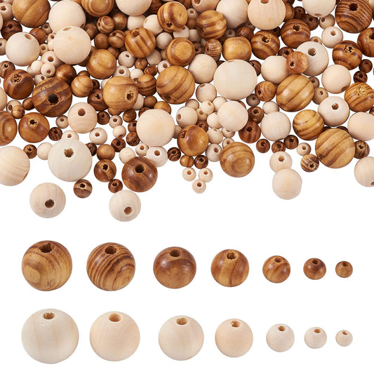 Craftdady 1010pcs Natural Wood Round Beads 7 Sizes Polished Wooden Ball Rondelle Loose Beads for Jewelry Bracelet Necklace Craft Making Home Party Decor
