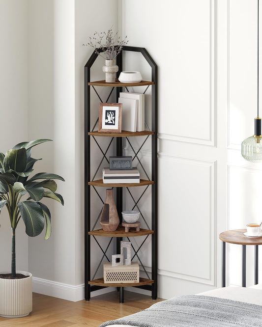 CHOEZON 59.4" Corner Shelf, 5-Tier Industrial Corner Bookshelf, Corner Storage Stand, Plant Stand Display Shelf, Bookcase for Bedroom, Living Room, Home Office, Rustic Brown and Black TCJ10BF
