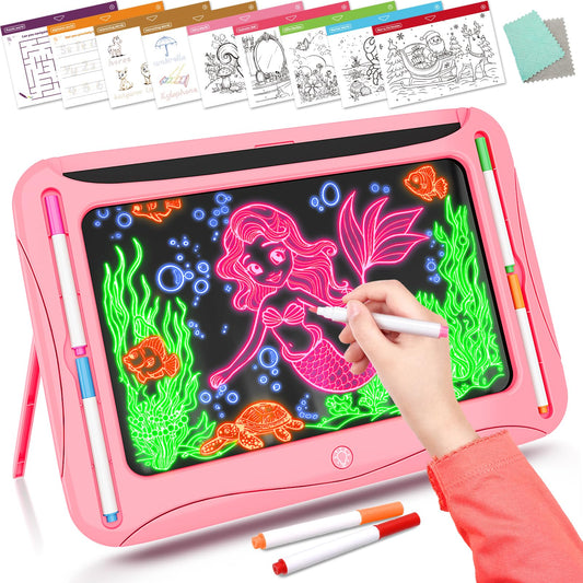 Magic LED Drawing Board for Kids, Girl Toys for Ages 5-7, Christmas Birthday Gifts, Light Up Tracing Pad, 9 Double-Sided Cards, 6 Markers, Neon Effect Doodle Writing Tablet, Arts Crafts Learning Toy