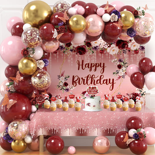 167Pcs Happy Birthday Decorations for Women with Butterfly Sticker Cupcake Toppers, Burgundy Balloon Arch Kit Maroon Rose Gold Balloons Backdrop Tablecloth Floral Burgundy Birthday Party Supplies