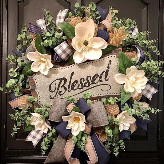 Spring Summer Wreath for Front Door,Farmhouse White Floral Porch Decoration,Front Door Hanger,Housewarming Gift, Buffalo Plaid Year Round Wreath,Summer Home Decor