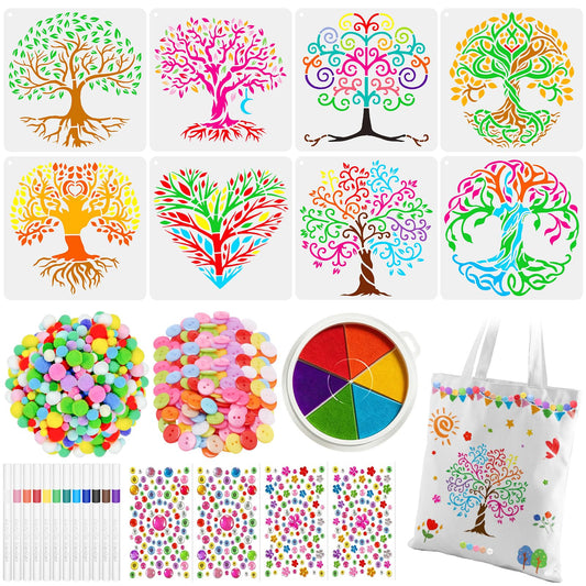 Cinrobiye 16 PCS Tree of Life Reusable Painting Stencils Kit, Decorative Stencil Set with Markers, Ink Pad and Craft Accessories for Fabric Painting, Tote Bag DIY, Canvas Art and Creative Projects
