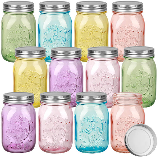 Pinkunn 12 Pcs 16 oz Colored Mason Jars with Lids Bulk, Vintage Color Glass Mason Jars for Storage Airtight Regular Mouth Glass Container for Fermenting Jelly DIY Crafts(Colorful)