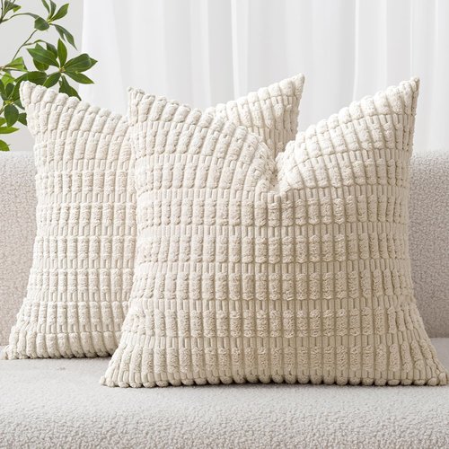 MIULEE Corduroy Throw Pillow Covers - Soft Boho Striped Design | 12x12 Inch Cream White Decor