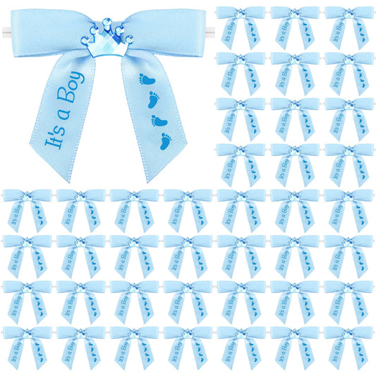 Wavwavw 100 Pcs Baby Shower Satin Ribbon Twist Tie Bows 2.5" Pre Tied Craft Bow Baby Foot Print Ribbon Bows for Baby Shower Birthday Party Treat Bags Gift Wrapping Basket Decor (Baby Blue)