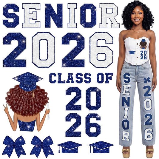 Glenmal 17 Pcs Senior Class of 2026 Iron on Patches Glitter Bow Heat Transfer Stickers Set for Black Women Graduation Outfit Decor Corset Jeans Grad Party Clothing DIY Crafts(Blue, Silver)