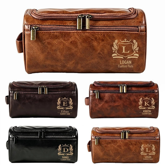 VBAIFAyy Personalized Leather Toiletry Bag for Men, Custom Engraved Hanging Dopp Kit with Name, Waterproof Travel Shaving Organizer, Durable Multi-Pocket Gift for Dad Husband Uncle Groomsmen Christmas