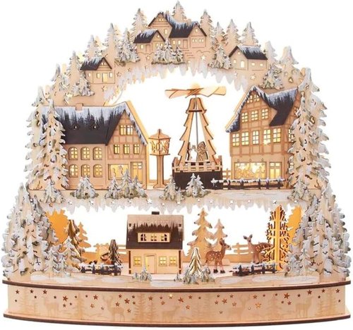 Kurt S. Adler 16-Inch Light-Up Wooden Village - Battery-Operated with Motion Feature