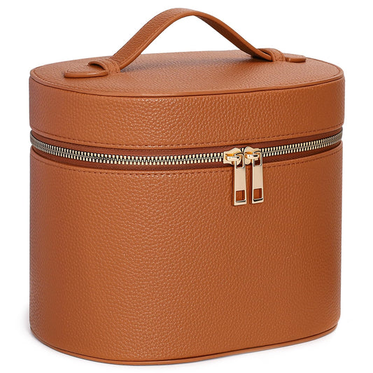 MaqSacion Makeup Bag Vanity Case for Women Leather Cosmetic Bag Makeup Organizer Case Portable Travel Toiletry Bag With Removable Compartments and Handle - Brown