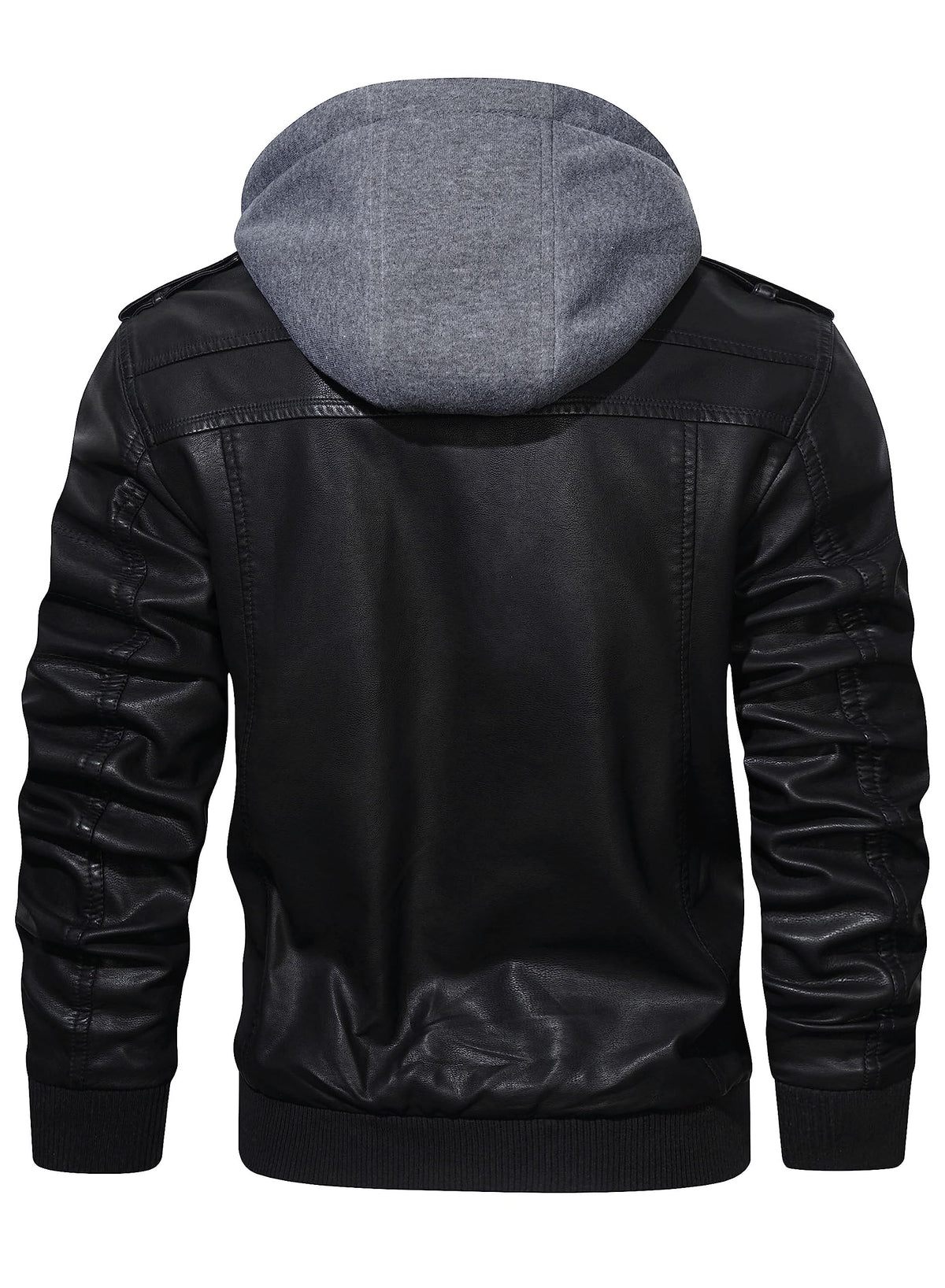 HOOD CREW Men’s Casual Stand Collar PU Faux Leather Zip-Up Motorcycle Bomber Jacket With a Removable Hood
