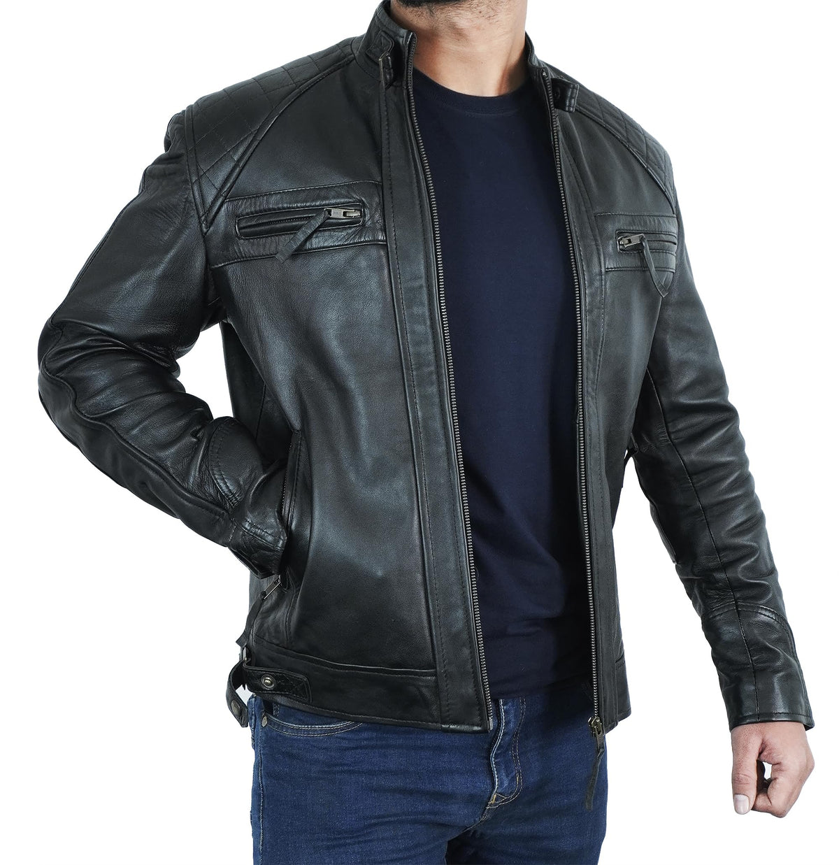 STOREJEES Mens Black Leather Jacket | Diamond Black - XS