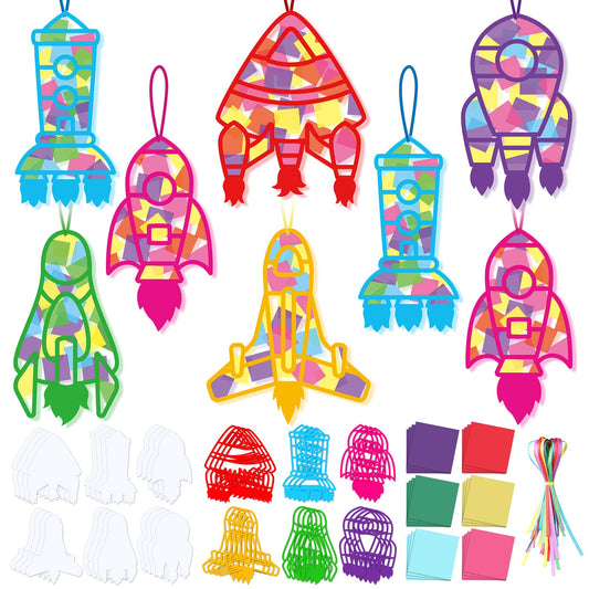 Peconal 24 Sets Rocket Suncatchers Craft Kit DIY Space Rocket Themed Stained Glass Effect Window Tissue Paper Art Hanging Decor for Boys Girls Birthday Gifts Unique Designs Bulk Party Favors Supplies