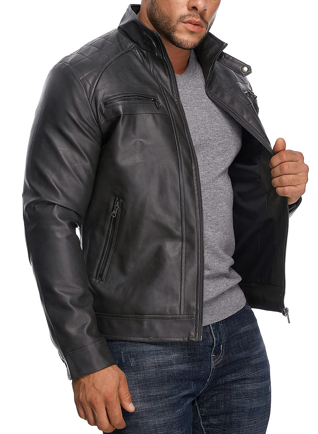 HOOD CREW Men’s Stand Collar Leather Jacket Casual Faux Leather Motorcycle Jacket Outerwear Coat with Zipper Pockets Black XL