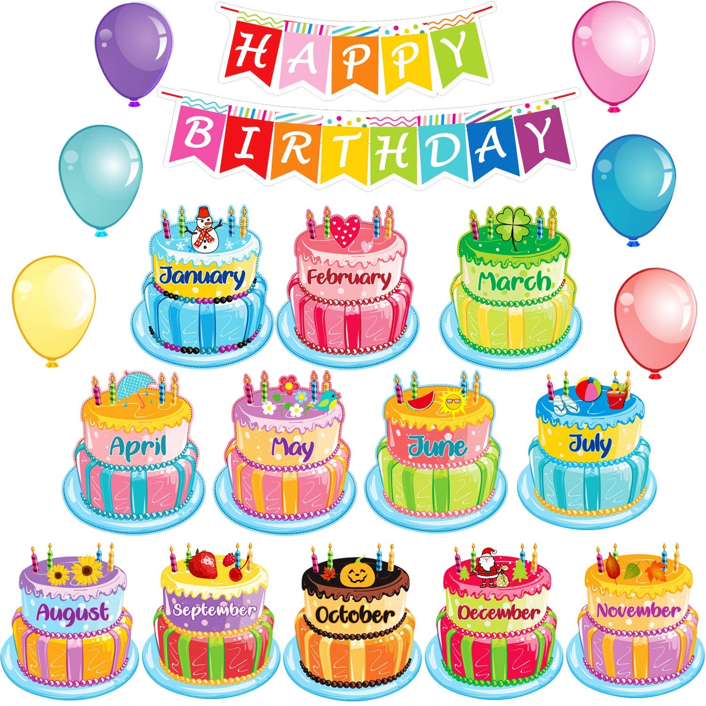 Outus 20 Pcs Happy Birthday Bulletin Board Set Birthday Chart Classroom Wall Decoration Cutouts B-Day Calendar Poster for School Class Bulletin Board Teaching Supply(Bright Style)