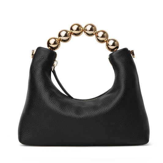 DORIS&JACKY Small Top Handle Clutch Purse for Women, Designer Leather Evening Crossbody Bag with Metal Ball Tote Handle And Leather Chain Strap (Black)