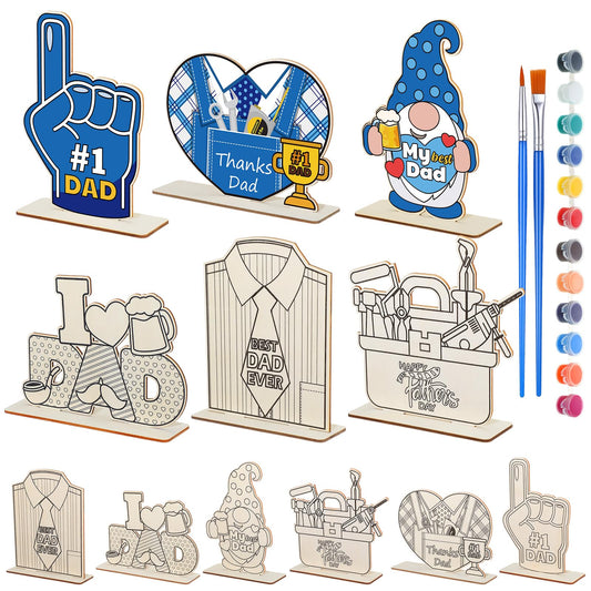 Colingmill 24 Sets Father's Day Crafts for Kids Color Your Own Father's Day Table Decoration Bulk DIY Wooden Table Centerpiece Decor Sign for Home School Classroom Fun Art Activities Dad Birthday Gift