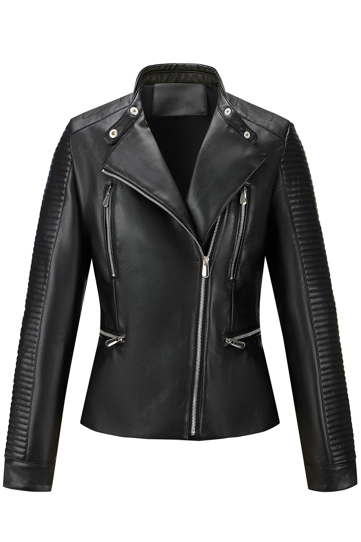 RISISSIDA Women Faux Leather Jacket,Premium Motorcycle Jacket,Vegan Pleather Fall Spring Fashion,Quilted Sleeves,Multi-Zipper Pockets,Asymmetrical Biker Style,Casual Stylish Coat Lapel Black 636 L