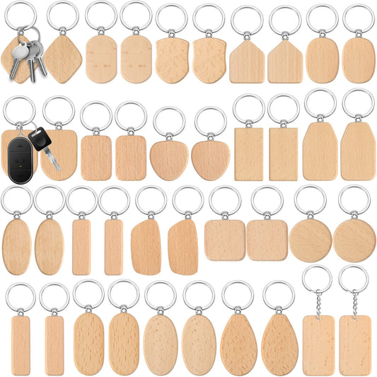 Cunno 20 Pcs Wood Keychain Blank Unfinished Laser Engraving Blanks with Key Ring Assorted Shape Wooden Engraving Keychain Key Tag with Ring for DIY, Crafts Gift, Pet Tags