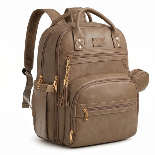 ROSEGIN Premium Vegan Leather Diaper Bag Backpack with Waterproof Changing Pad, Reinforced Zippers & Odor-Free, 20 Pockets Pro Organizer, Fits 15.6" Laptop, Stroller Straps, Baby Bag for Mom, Taupe