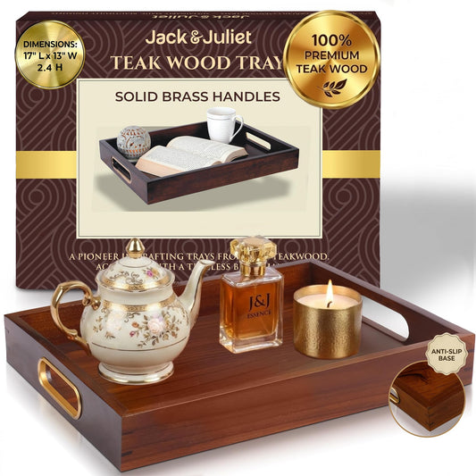 Jack & Juliet Teak Wood Ottoman Tray – Large Wooden Multifunctional Tray with Real Brass Handles - Non Slip Base in Food-Safe Finish - Gift-Ready Packaging for Coffee Table and Home Decor (Walnut)