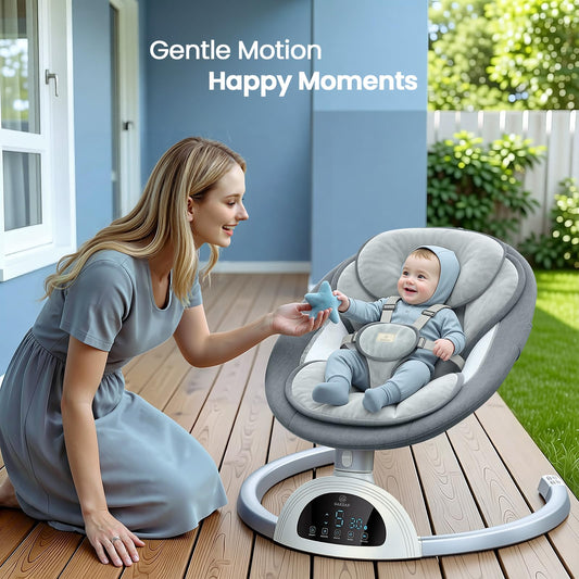 GAEZAP Electric Baby Swing for Infants, Portable Infant Swing with Music Speaker, 5 Swing Speeds, Remote Control, for Indoor Use, Newborn Boys & Girls, White