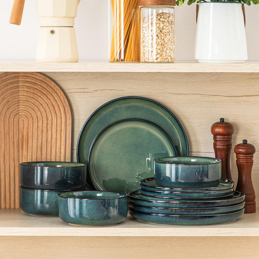 vancasso Starry 12 Pieces Dinnerware Sets for 4, Green Reactive Glaze Dishes Sets, Ceramic Plates and Bowls Set, Dinner Salad Dessert Plates, and Cereal Bowls Set, Dishwasher and Microwave Safe