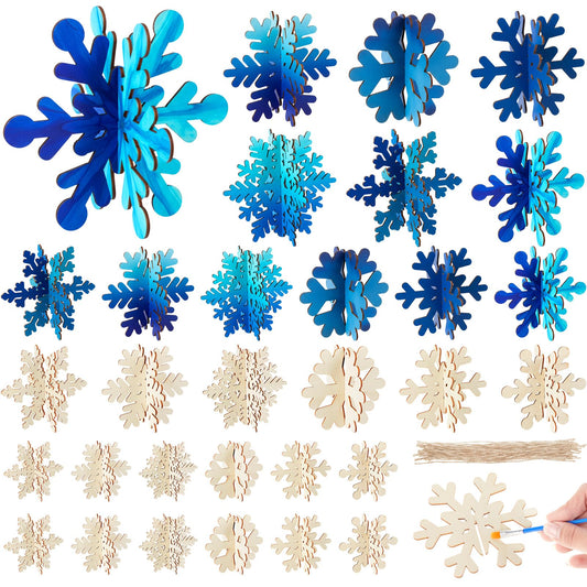 Chunful 48 Pcs Wooden Snowflake Ornaments DIY 3D Winter Snowflake for Crafts Bulk 24 Sets Unfinished Hanging Snowflakes Ornaments with Cord for Winter Party Decoration