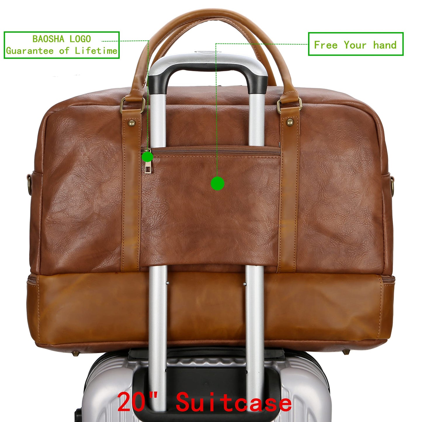 BAOSHA Vegan Leather Large Travel Duffel Tote Bag Carry On Weekender Overnight Bag With Shoe Compartment HB-38 (Brown)