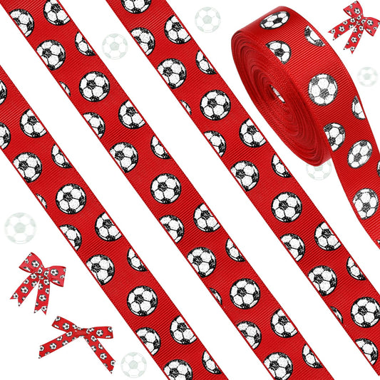 ROCEEI 10 Yards Soccer Ribbon Glitter Soccers Pattern 7/8 Inch Craft Grosgrain Ribbon Party Decorations for Gift Package Wrapping, Floral Design, DIY Hair Bow, Crafting(Red)