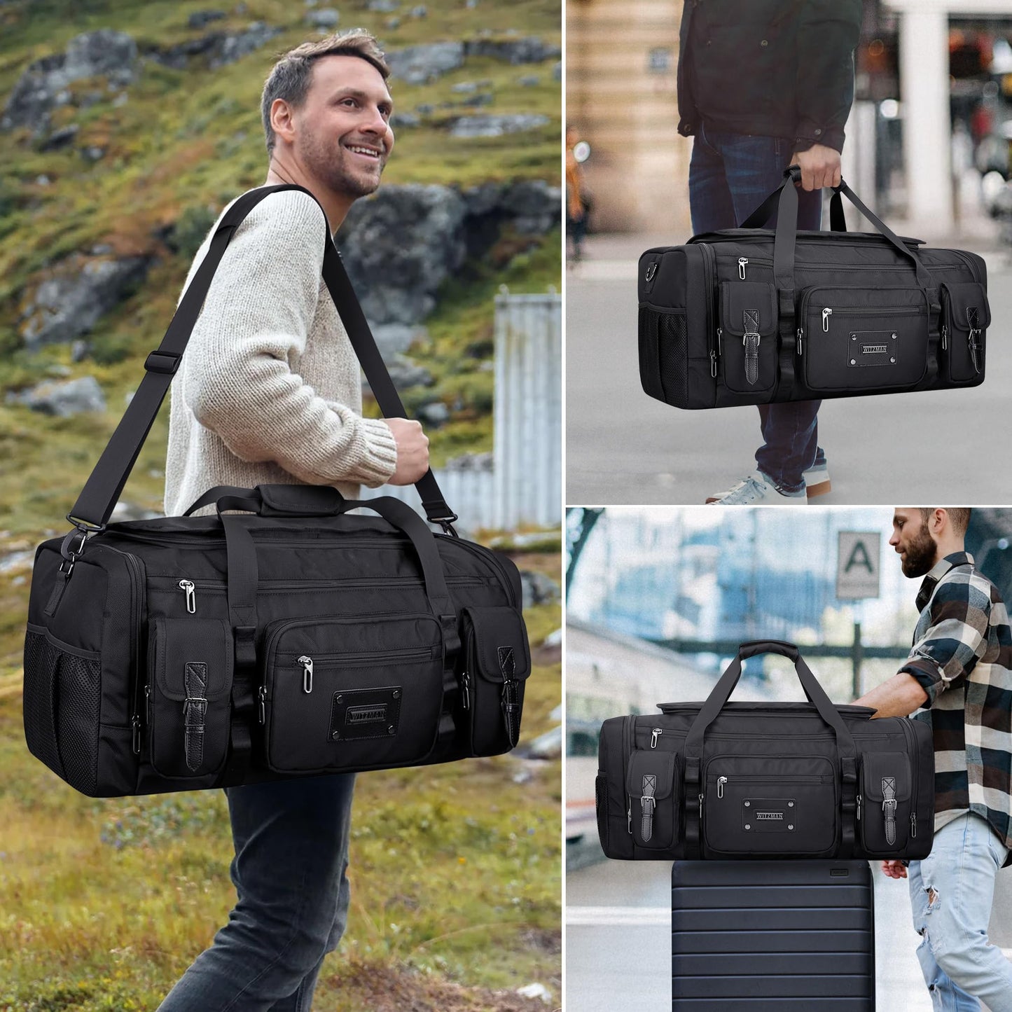 WITZMAN Duffle Bag for Men Large Carry On Weekender Bag 54L Nylon Duffle Gym Bags for Travel with Shoes Compartment(B717 Black)