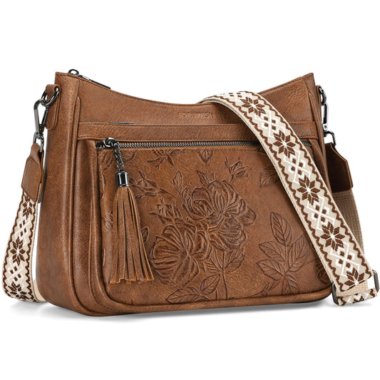 FORUWISH Crossbody Bags for Women, Brown Vegan Leather Medium Crossbody Purse, Spacious Daily Travel Shoulder Bag with Boho Strap