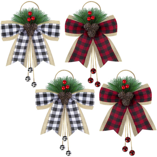 codree 4 Pcs Christmas Burlap Plaid Bows with Pine Cones Pine Needles, Large Christmas Decoration Buffalo Plaid Bows, Xmas Wreath Bow Buffalo Check Bow Ornament for Holiday Crafts Tree DIY Decor