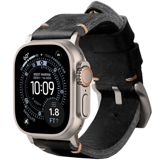Robust Genuine Leather Watch Band for Men - Compatible with Apple Watch Bands 49mm, Black Leather Replacement Strap for iWatch Ultra 2/1 SE, SE 2 Series 10 9 8 7 6 5 4 - With Natural Titanium Hardware