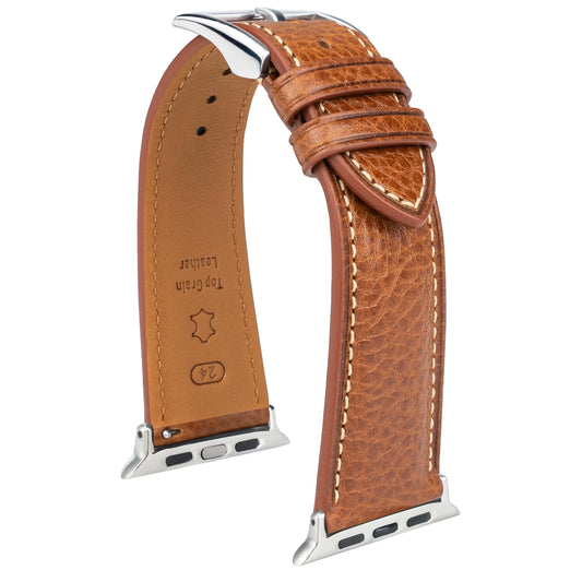 GOMVADR Top Grain Leather Band Compatible with Apple Watch, Tan Brown with Silver Buckle, Genuine Leather Strap for iWatch Series 9/8/7/6/5/4/3/2/1/SE/Ultra, 44/45/49mm (Tan Brown with Silver Buckle, 44/45/46 （24mm/Men's Size）)