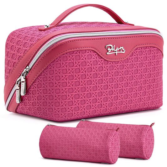 BOYATU Travel Makeup Bag Cosmetic Bags for Women: Large Capacity 3 Pcs Set Make up Bag with Compartments - Waterproof Vegan Leather Toiletry Organizer Bags with Handle (M-73Rose)