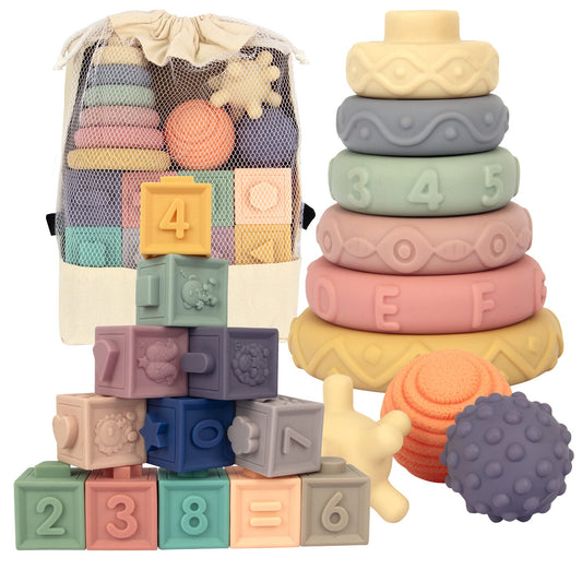 21PCS Montessori Toys for Babies,Teething Toys for Babies Months, 6 Months+, Early Educational Learning Stacking Tower, Sensory for Toddlers 1-3, Soft Rings Stacker & Teethers