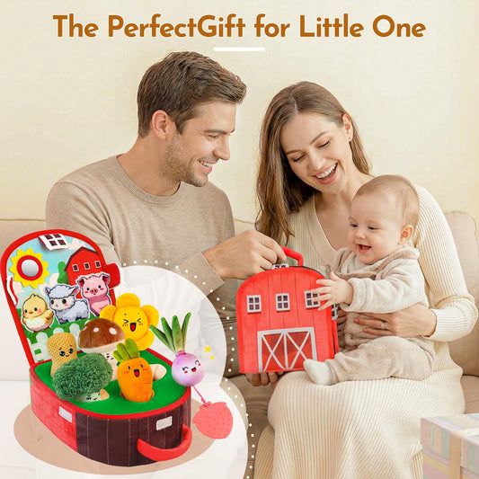 Teekdeer Baby Toys 6-12 Months, Farm Vegetable Garden Plush Toy with Animal Finger Puppets, 6 Month Old Montessori Sensory Toys with Rattles, Mirror, Squeaker, Textures, Teether, Easter Boy Girl Gifts